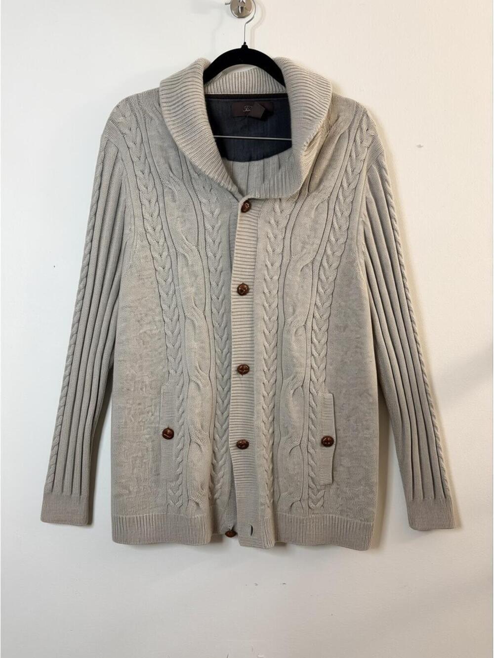 Tasso Elba Shawl Collar Cardigan Mens Large Gray Cable Knit Button Front Sweater - Picture 2 of 6